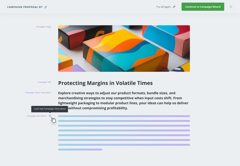 Screenshot of AI Campaign Coach proposing a retail campaign to optimize packaging and pricing. Shows auto-generated campaign title, teaser, image suggestion, and regenerating campaign description with user options to retry or continue.