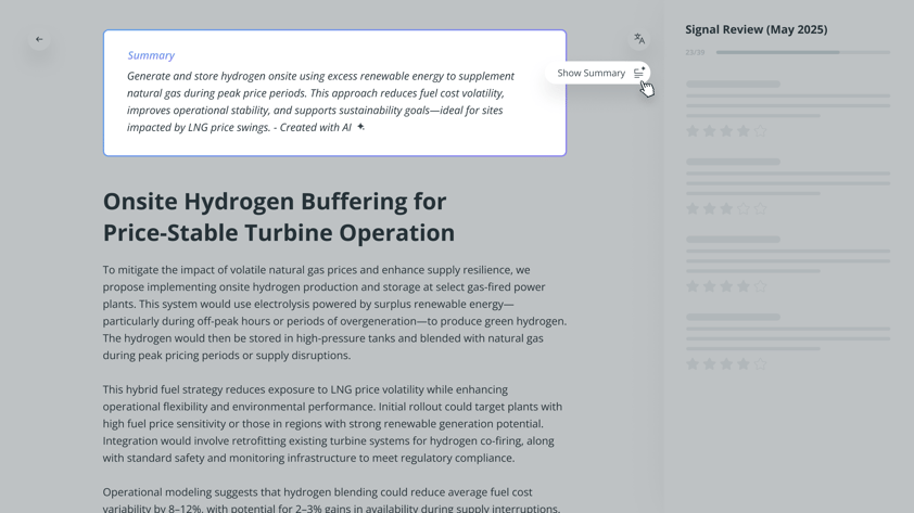 Screenshot of AI Evaluator Summary reviewing an idea to stabilize energy production costs using onsite hydrogen generation. Shows idea title, detailed description, and AI-generated insights for reducing fuel price volatility.