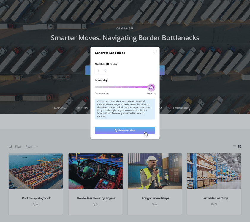 Screenshot of AI Idea Generator suggesting four creative ideas to optimize trade routes and reduce cross-border delays. Includes campaign title and autogenerated idea titles for improving logistics efficiency.